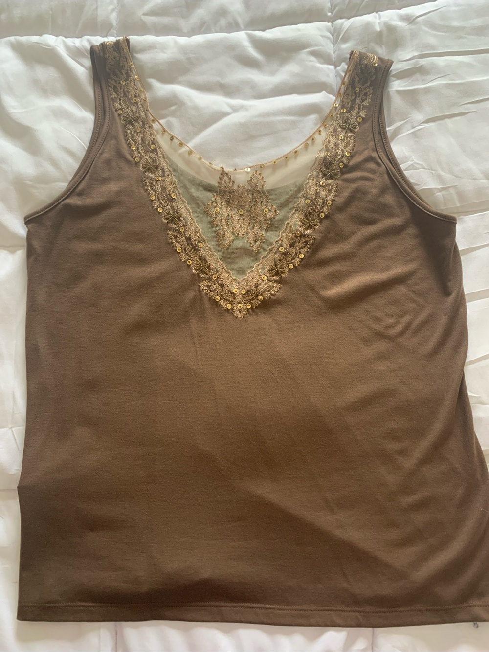 Soft Surroundings Women’s L Embroidered V-Neck Tank Top in Brown with Tan Lace
